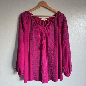 Solitaire Embroidered Tassel Tie Peasant Blouse Top Bohemian Pink Womens XL NWOT